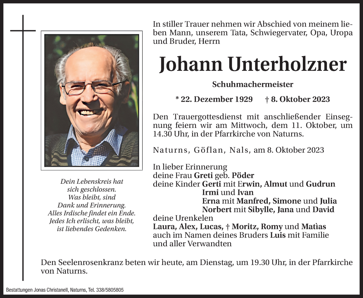  Traueranzeige für Johann Unterholzner vom 10.10.2023 aus Dolomiten