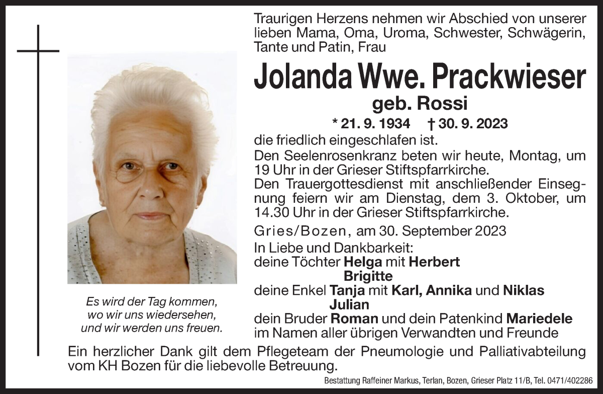  Traueranzeige für Jolanda Prackwieser vom 02.10.2023 aus Dolomiten