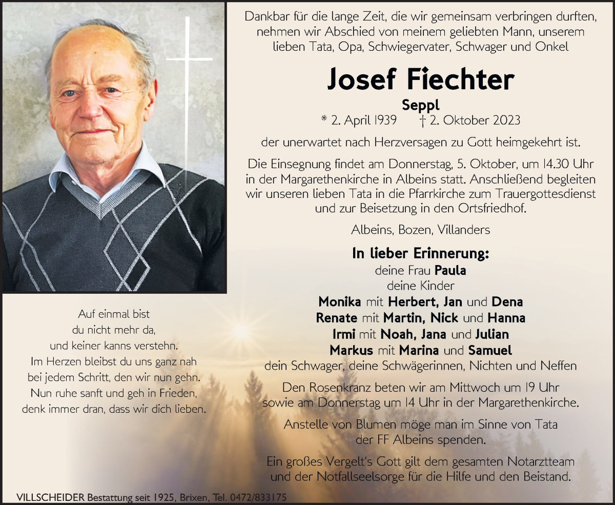  Traueranzeige für Josef Fiechter vom 04.10.2023 aus Dolomiten