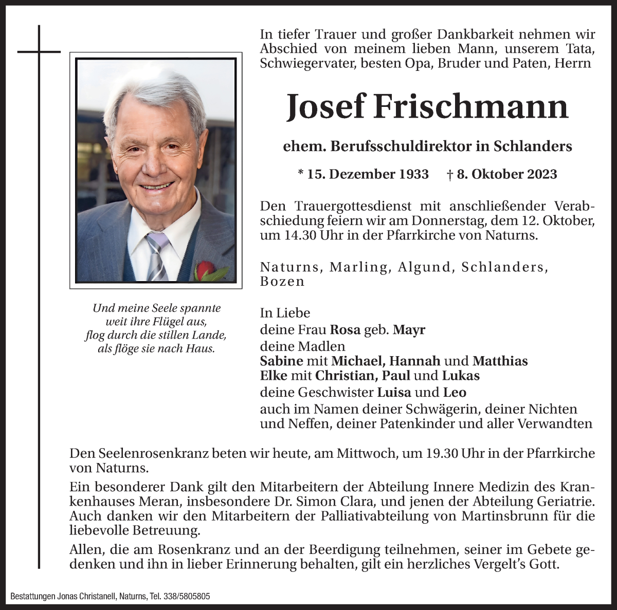  Traueranzeige für Josef Frischmann vom 11.10.2023 aus Dolomiten
