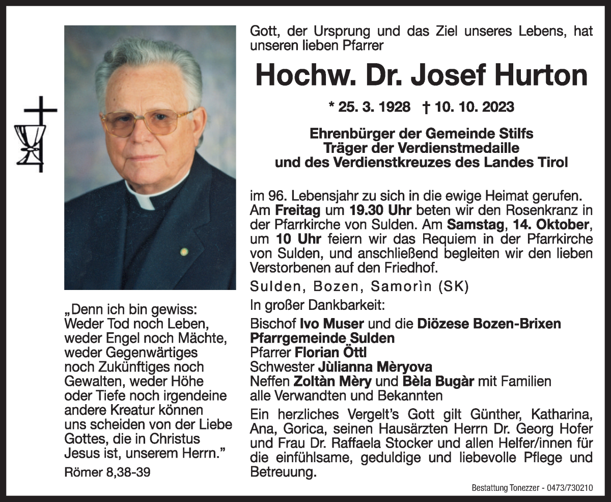  Traueranzeige für Josef Hurton vom 13.10.2023 aus Dolomiten