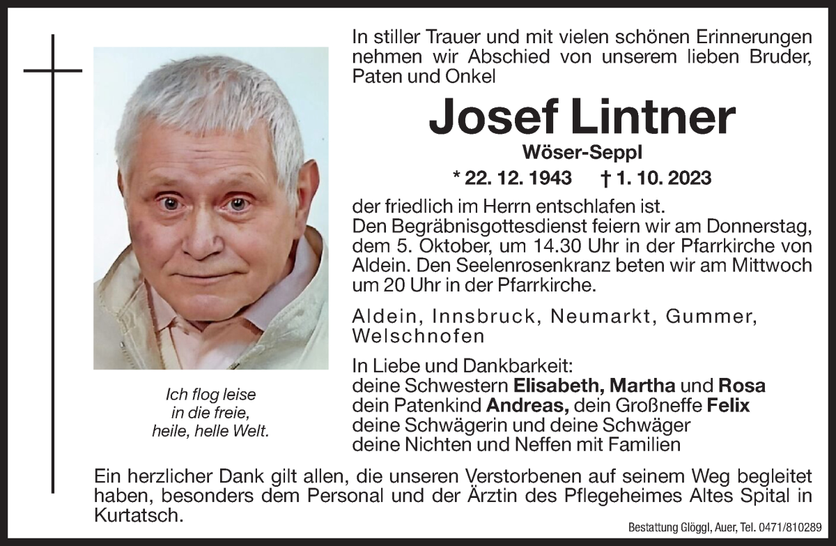  Traueranzeige für Josef Lintner vom 03.10.2023 aus Dolomiten