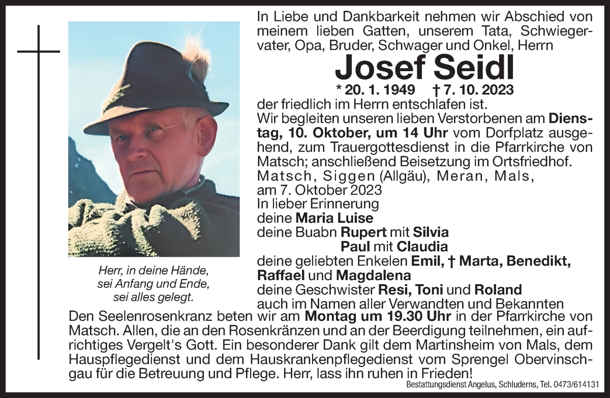  Traueranzeige für Josef Seidl vom 09.10.2023 aus Dolomiten