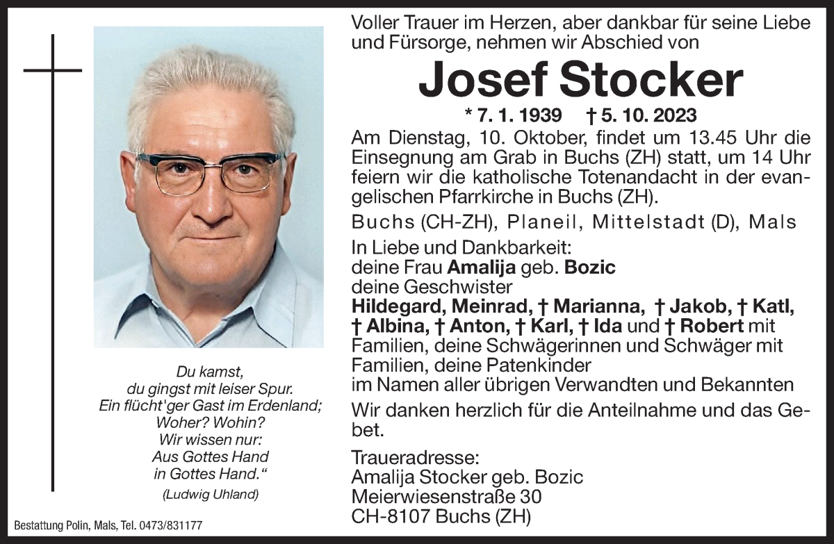  Traueranzeige für Josef Stocker vom 07.10.2023 aus Dolomiten