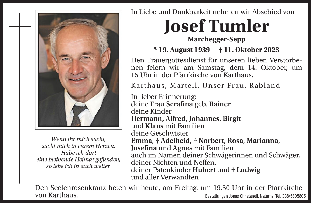  Traueranzeige für Josef Tumler vom 13.10.2023 aus Dolomiten