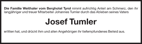 Traueranzeige von Josef Tumler von Dolomiten