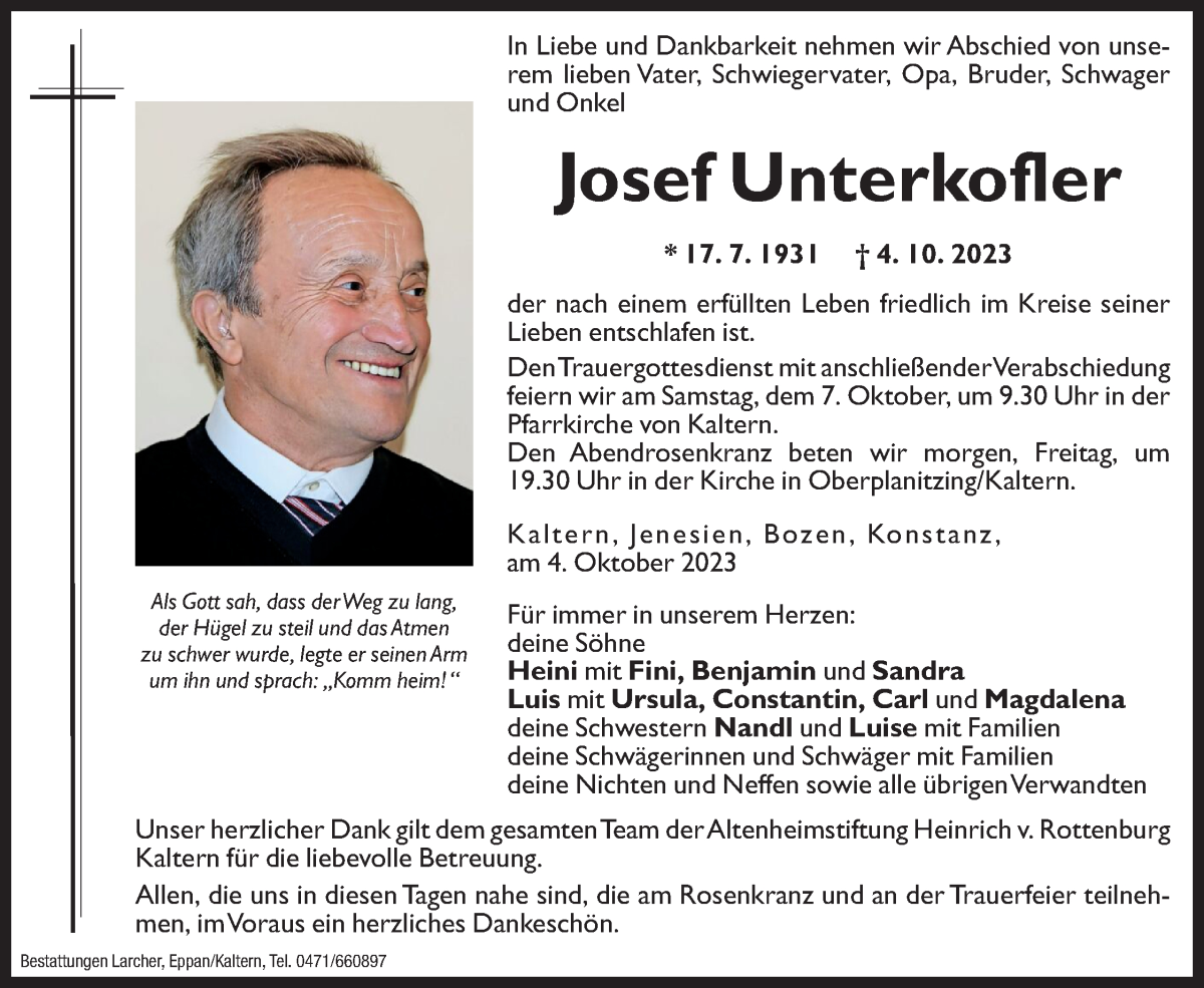  Traueranzeige für Josef Unterkofler vom 05.10.2023 aus Dolomiten