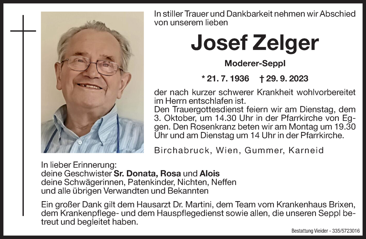  Traueranzeige für Josef Zelger vom 02.10.2023 aus Dolomiten