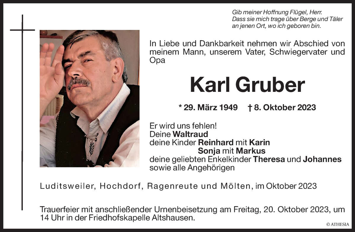  Traueranzeige für Karl Gruber vom 14.10.2023 aus Dolomiten