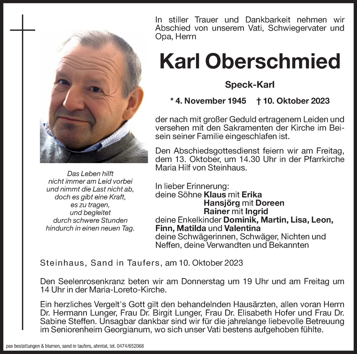  Traueranzeige für Karl Oberschmied vom 12.10.2023 aus Dolomiten