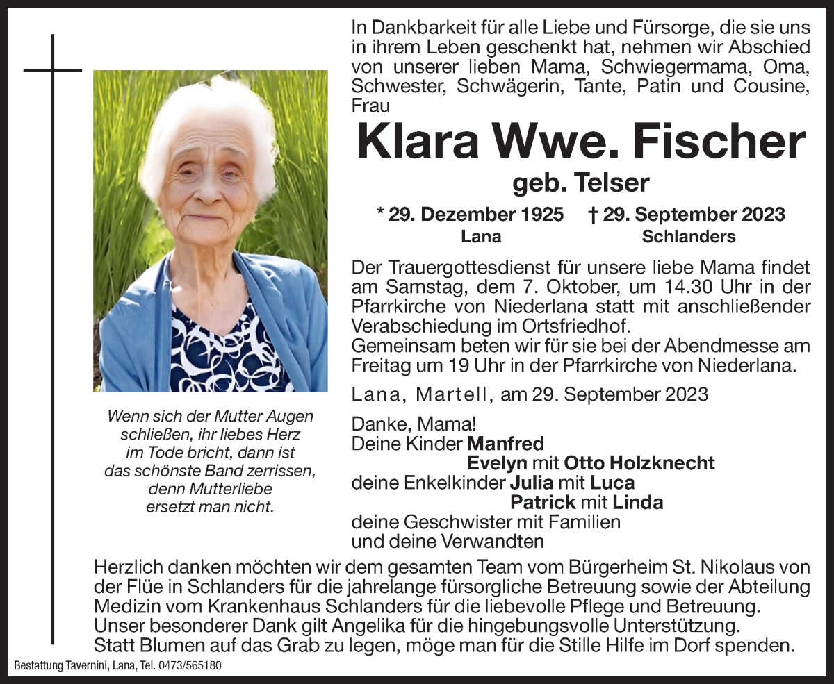  Traueranzeige für Klara Fischer vom 04.10.2023 aus Dolomiten