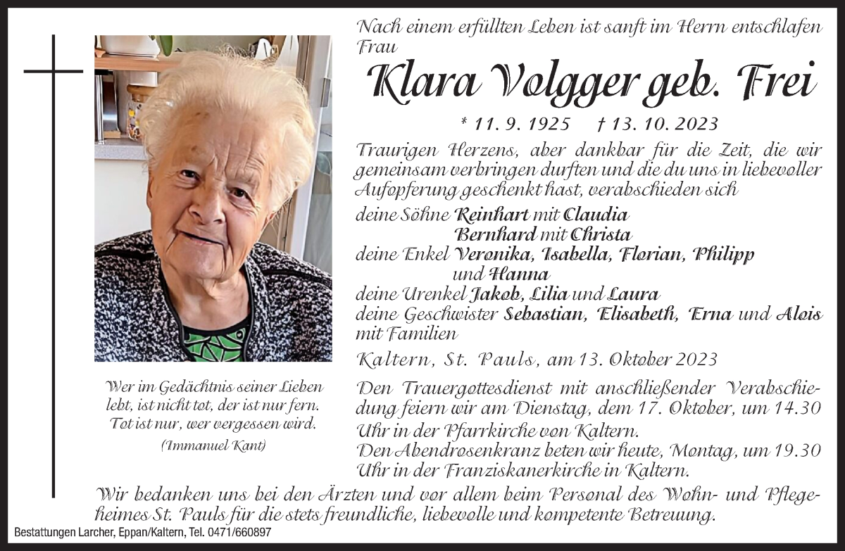  Traueranzeige für Klara Volgger vom 16.10.2023 aus Dolomiten