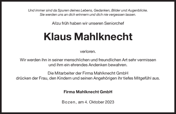 Traueranzeige von Klaus Mahlknecht von Dolomiten