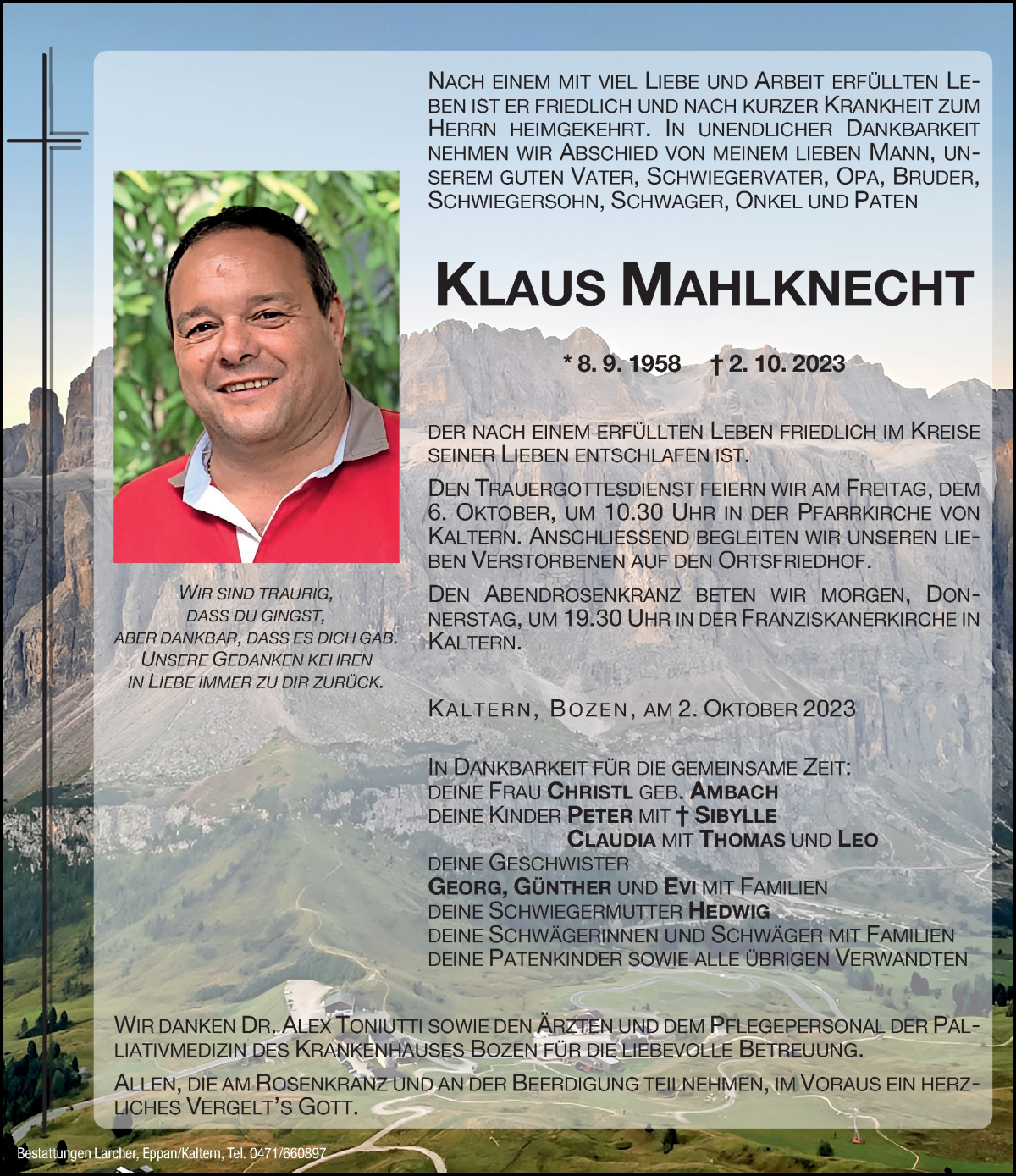  Traueranzeige für Klaus Mahlknecht vom 04.10.2023 aus Dolomiten