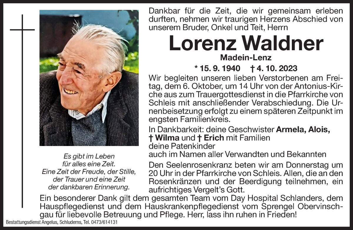  Traueranzeige für Lorenz Waldner vom 05.10.2023 aus Dolomiten