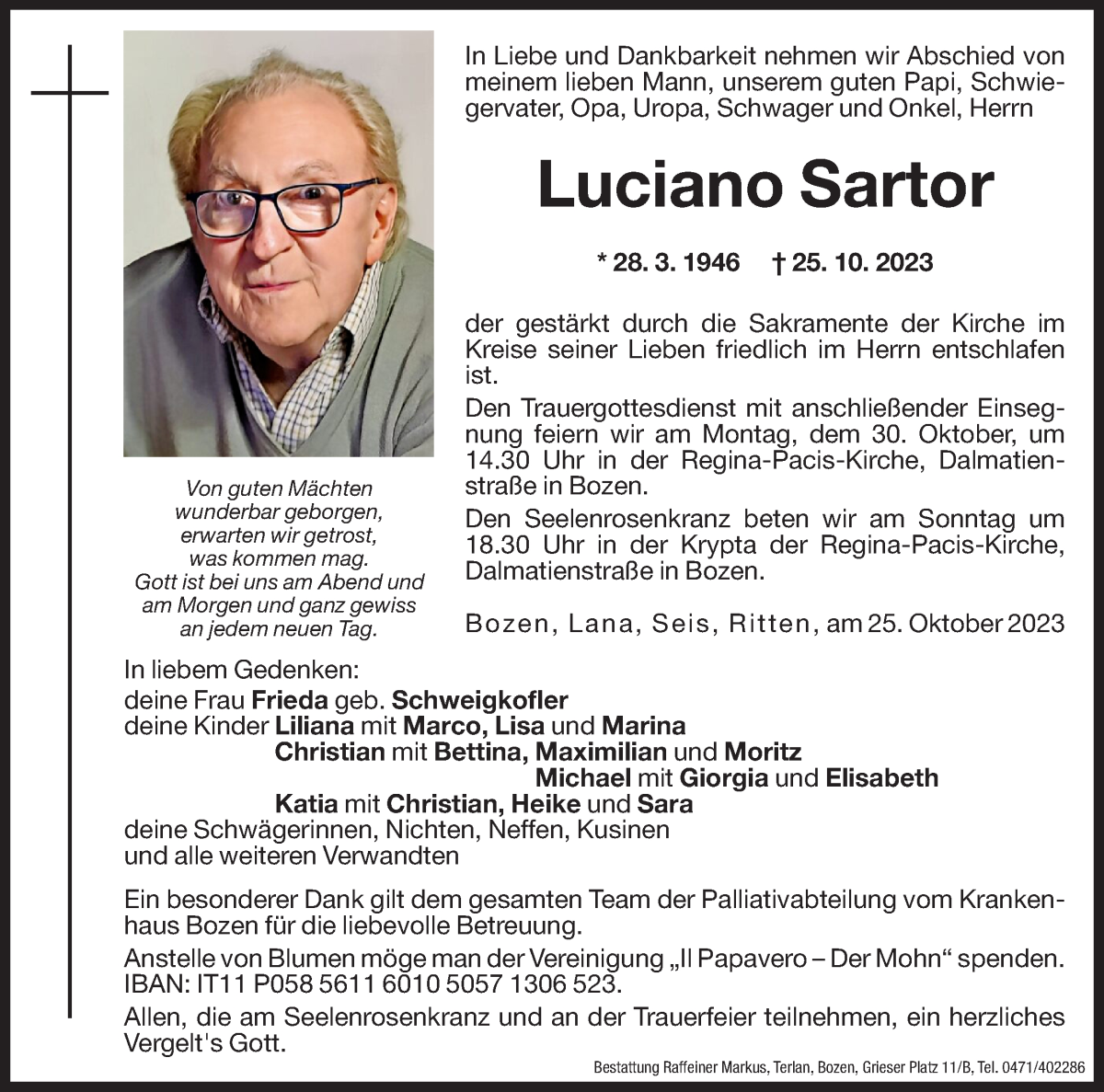  Traueranzeige für Luciano Sartor vom 27.10.2023 aus Dolomiten