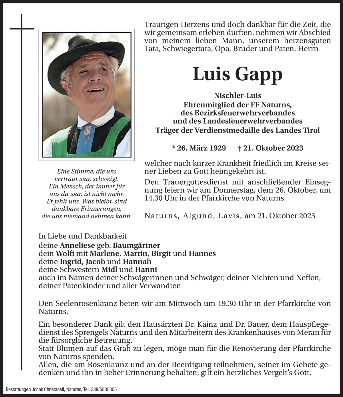  Traueranzeige für Luis Gapp vom 24.10.2023 aus Dolomiten