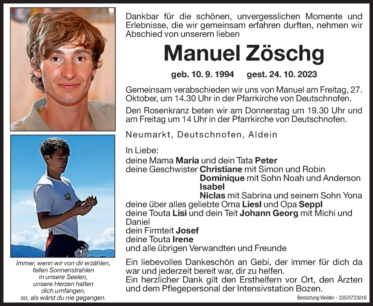  Traueranzeige für Manuel Zöschg vom 26.10.2023 aus Dolomiten