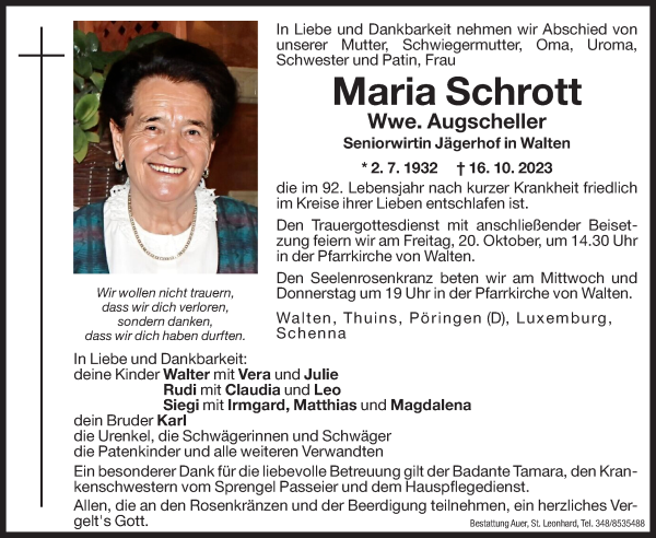 Traueranzeige von Maria Augscheller von Dolomiten