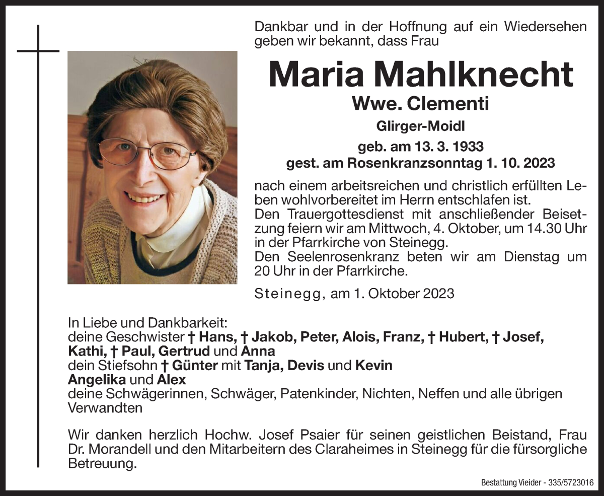  Traueranzeige für Maria Clementi vom 03.10.2023 aus Dolomiten