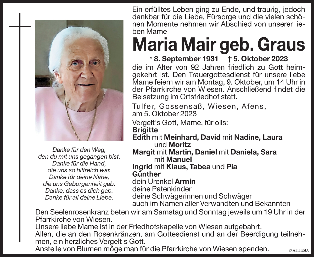  Traueranzeige für Maria Mair vom 07.10.2023 aus Dolomiten
