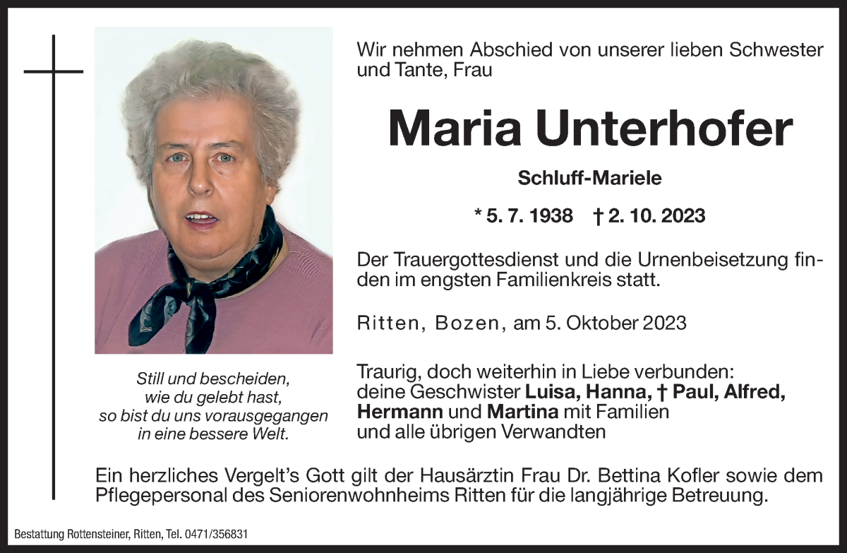  Traueranzeige für Maria Unterhofer vom 05.10.2023 aus Dolomiten