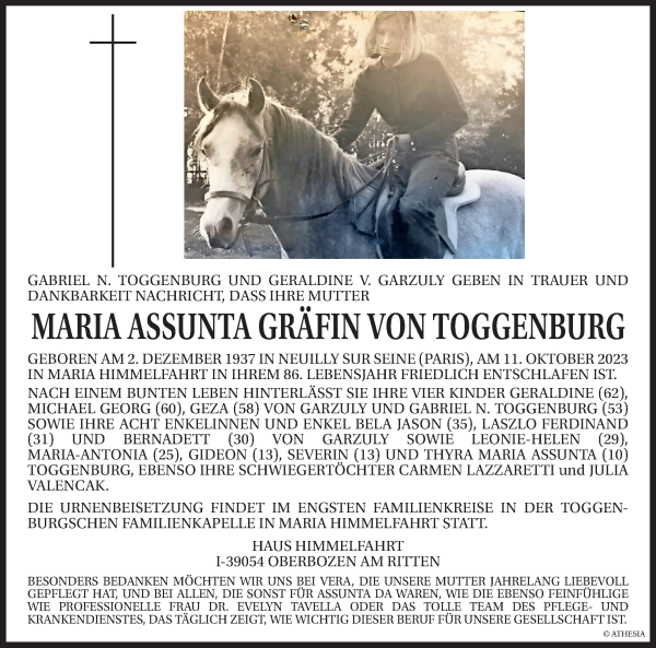 Traueranzeige von Maria Assunta von Toggenburg von Dolomiten