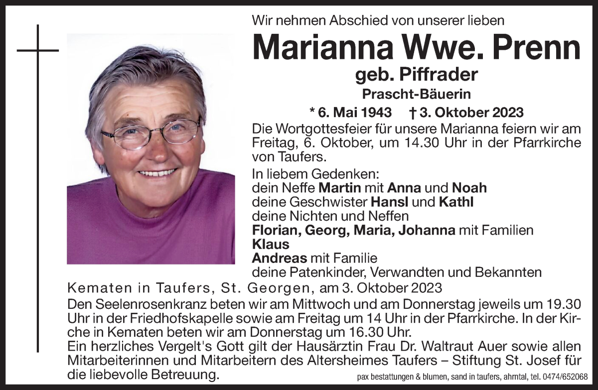  Traueranzeige für Marianna Prenn vom 04.10.2023 aus Dolomiten