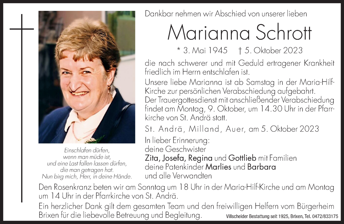  Traueranzeige für Marianna Schrott vom 07.10.2023 aus Dolomiten