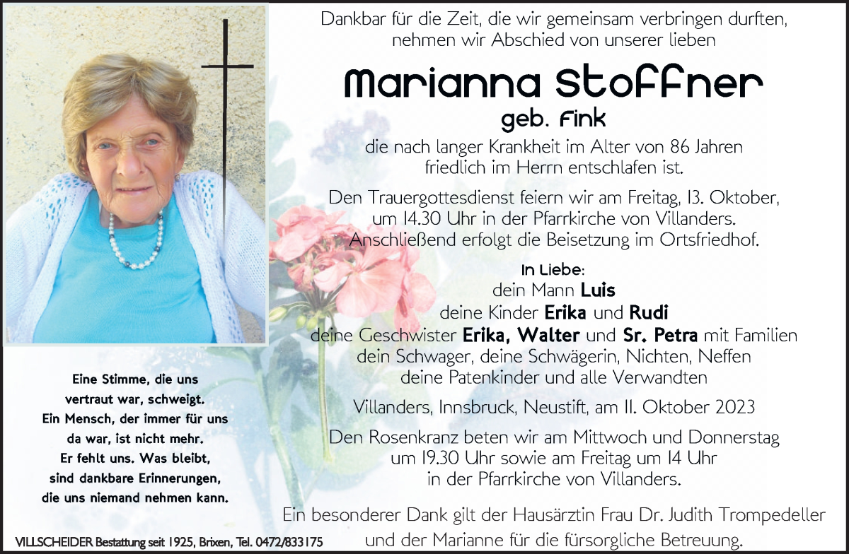  Traueranzeige für Marianna Stoffner vom 12.10.2023 aus Dolomiten