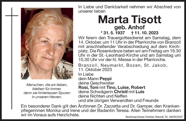 Traueranzeige von Marta Tisott von Dolomiten