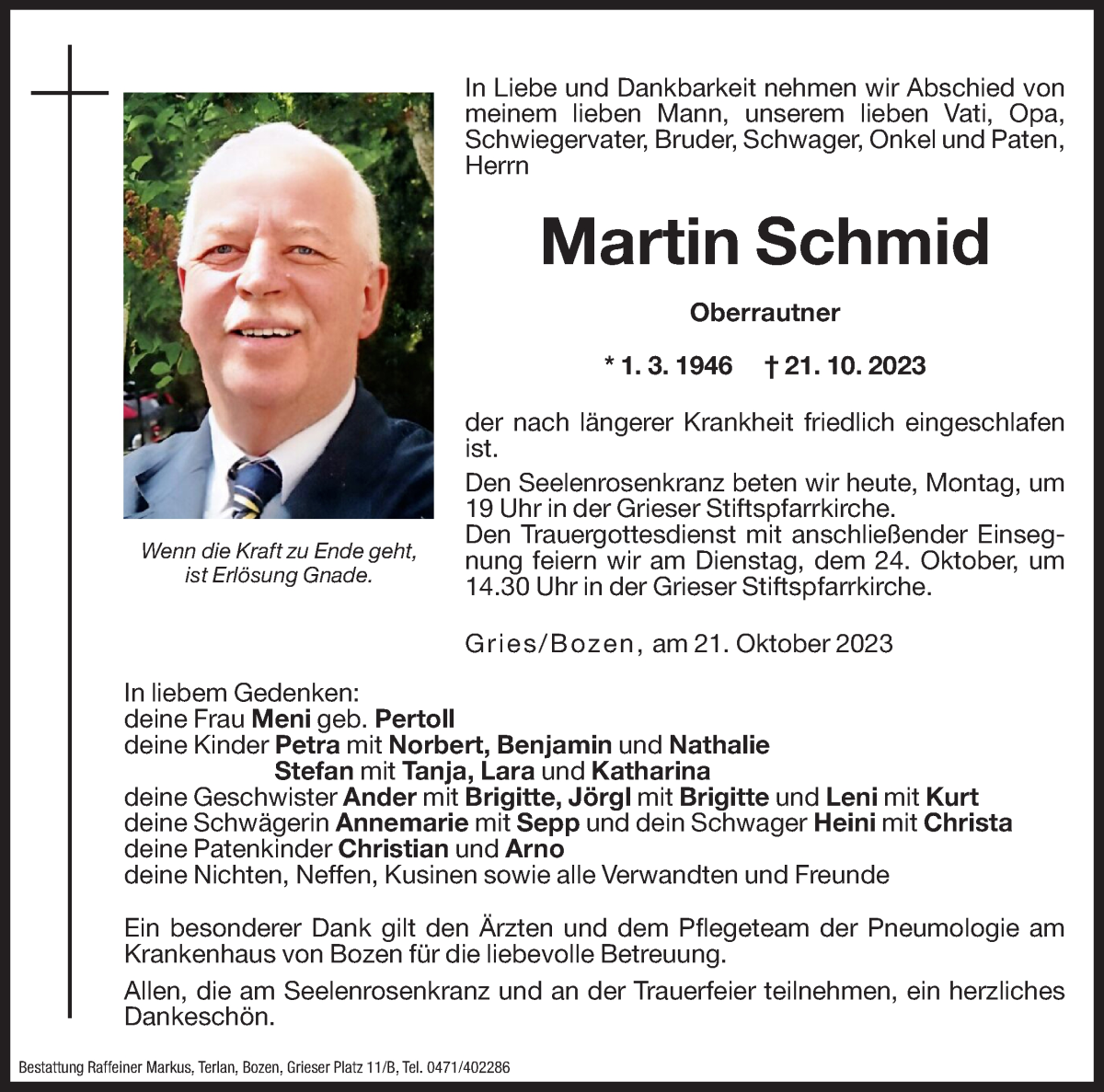  Traueranzeige für Martin Schmid vom 23.10.2023 aus Dolomiten