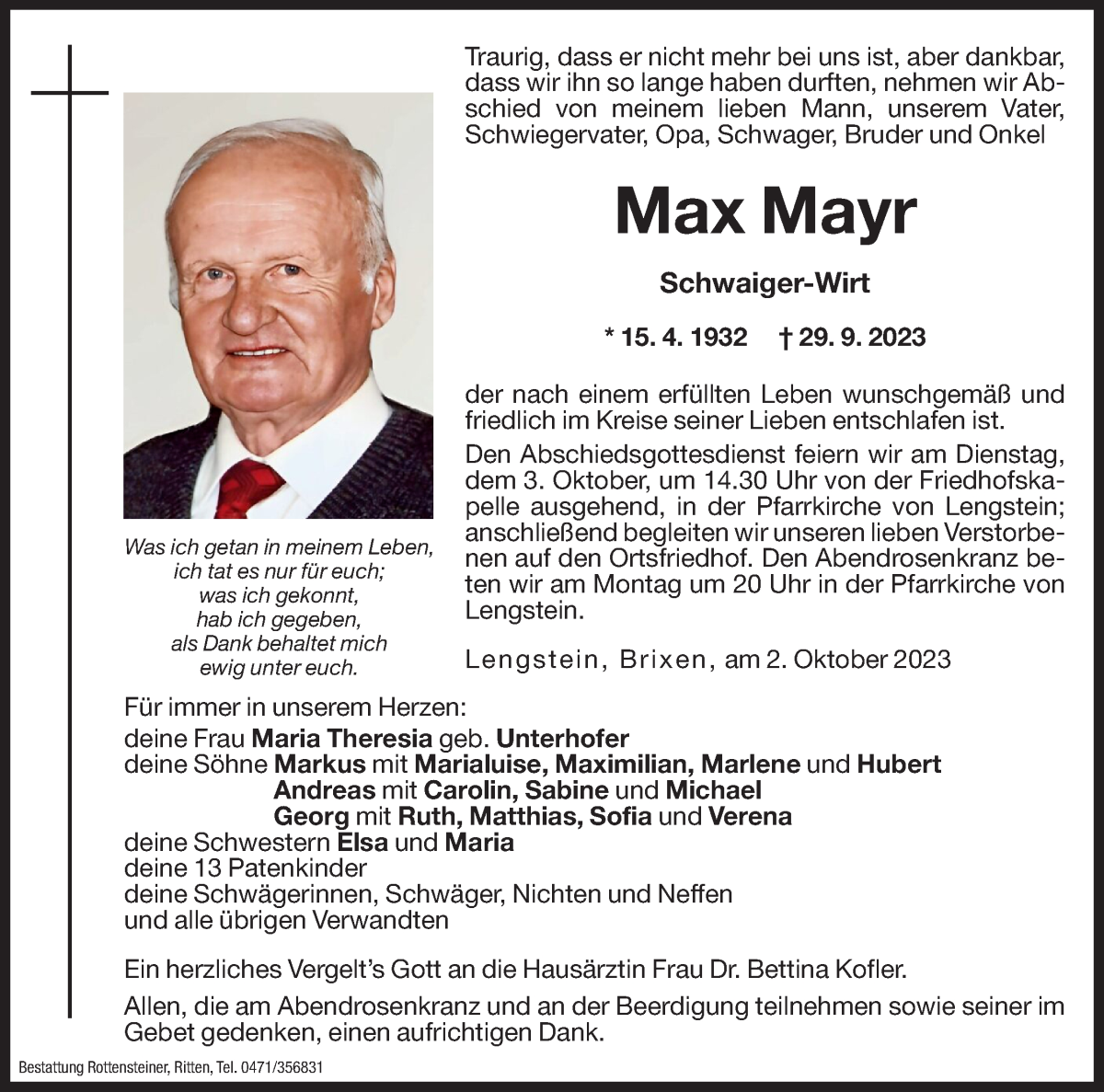  Traueranzeige für Max Mayr vom 02.10.2023 aus Dolomiten