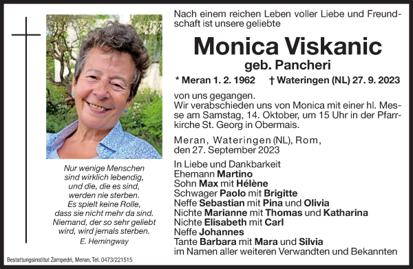 Traueranzeige von Monica Viskanic von Dolomiten