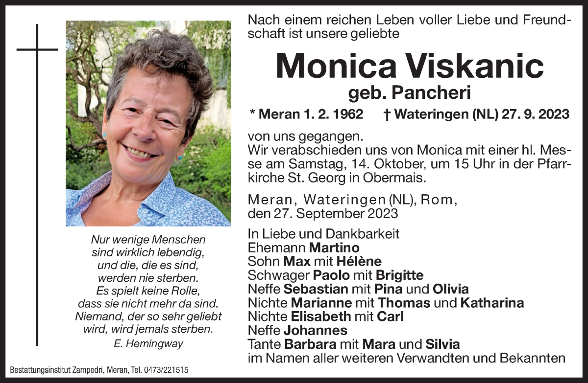  Traueranzeige für Monica Viskanic vom 12.10.2023 aus Dolomiten