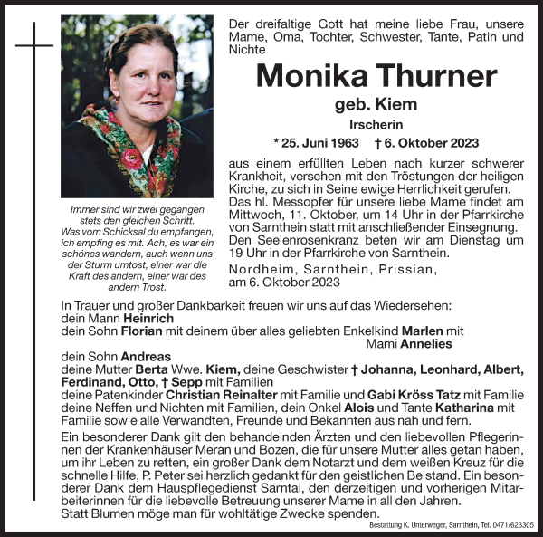 Traueranzeige von Monika Thurner von Dolomiten
