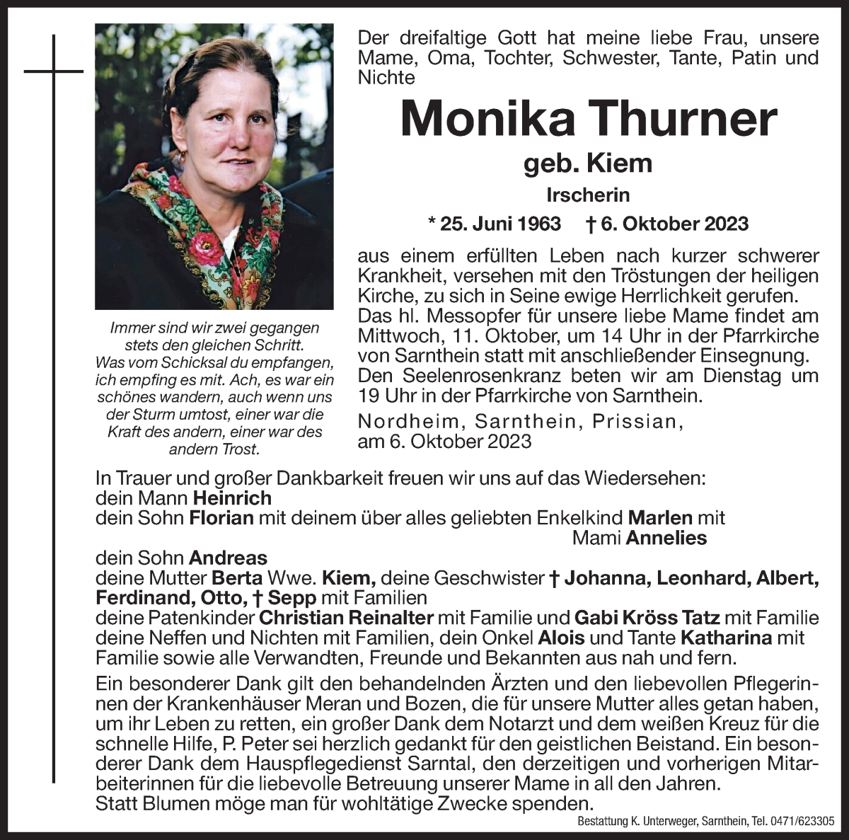  Traueranzeige für Monika Thurner vom 10.10.2023 aus Dolomiten