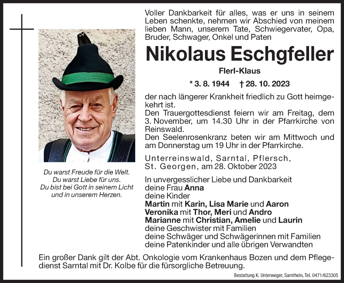  Traueranzeige für Nikolaus Eschgfeller vom 31.10.2023 aus Dolomiten