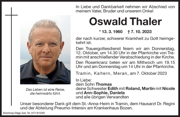 Traueranzeige von Oswald Thaler von Dolomiten