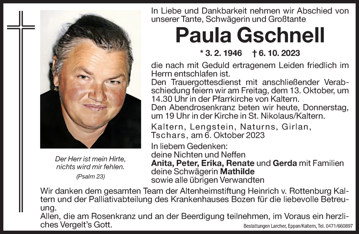  Traueranzeige für Paula Gschnell vom 12.10.2023 aus Dolomiten