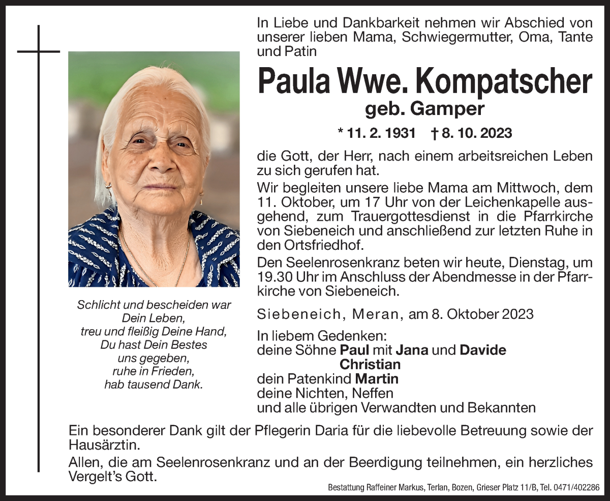  Traueranzeige für Paula Kompatscher vom 10.10.2023 aus Dolomiten
