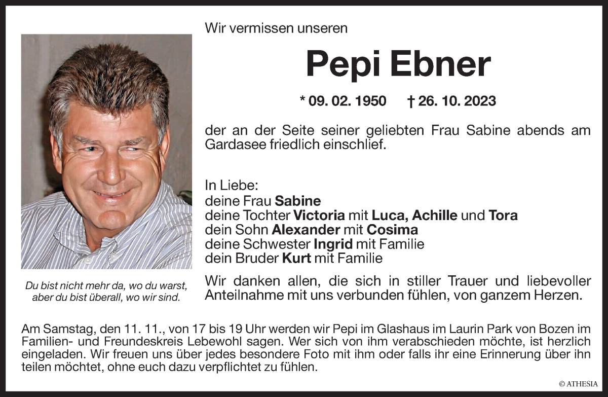  Traueranzeige für Pepi Ebner vom 31.10.2023 aus Dolomiten