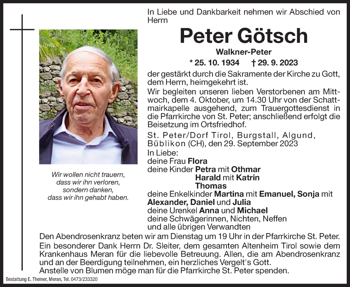  Traueranzeige für Peter Götsch vom 02.10.2023 aus Dolomiten