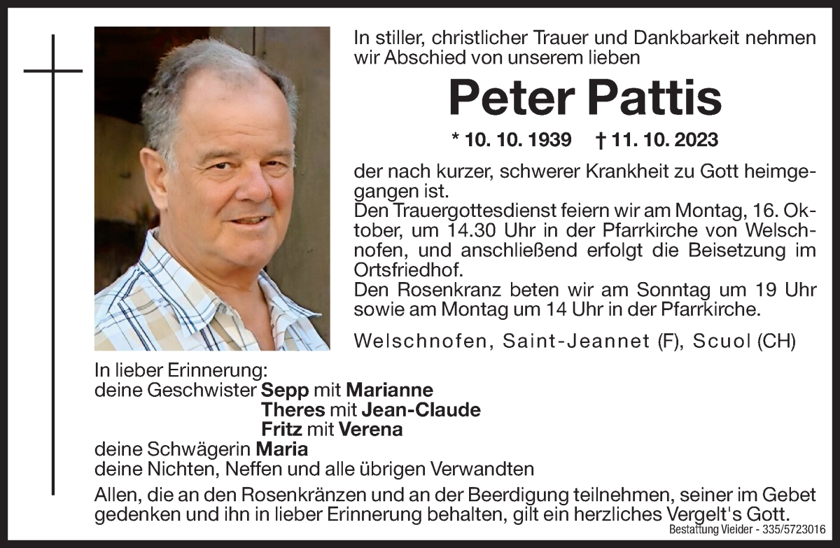  Traueranzeige für Peter Pattis vom 13.10.2023 aus Dolomiten