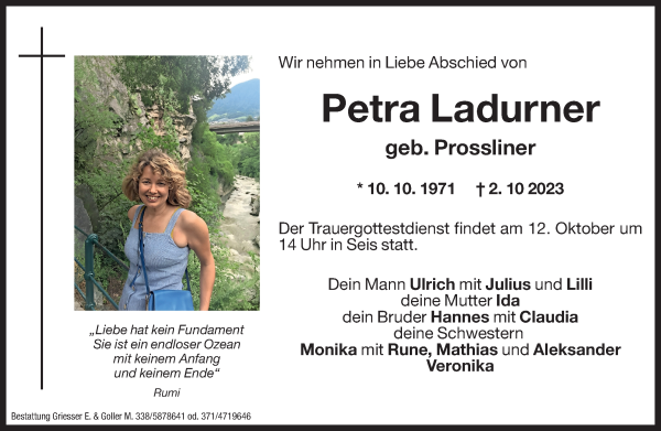 Traueranzeige von Petra Ladurner von Dolomiten