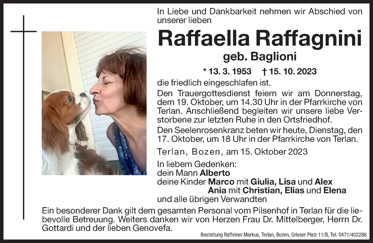  Traueranzeige für Raffaella Raffagnini vom 17.10.2023 aus Dolomiten