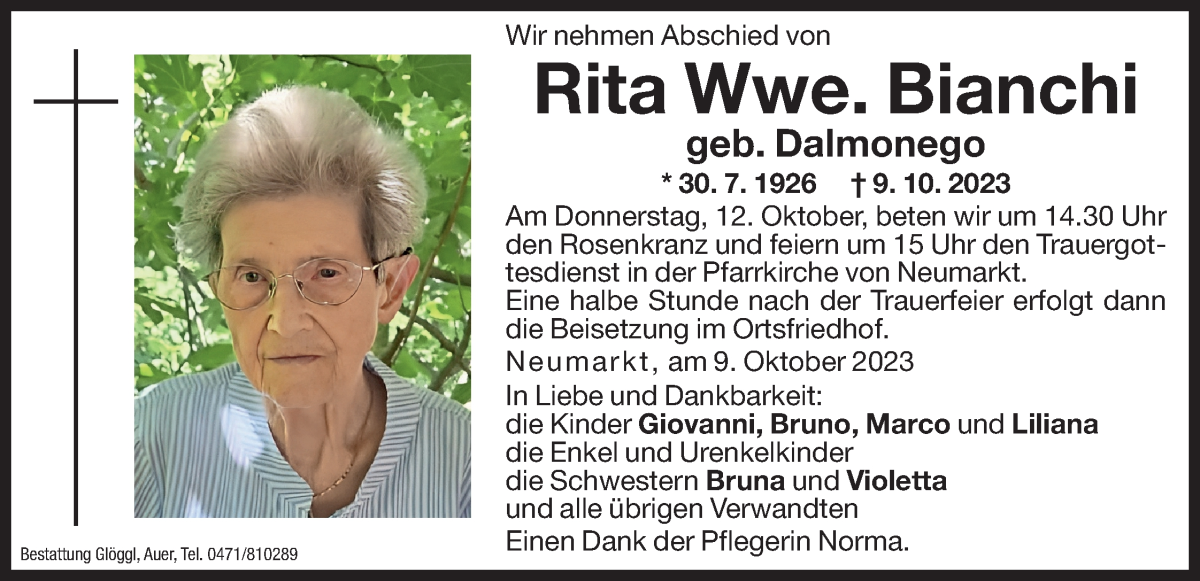  Traueranzeige für Rita Bianchi vom 10.10.2023 aus Dolomiten
