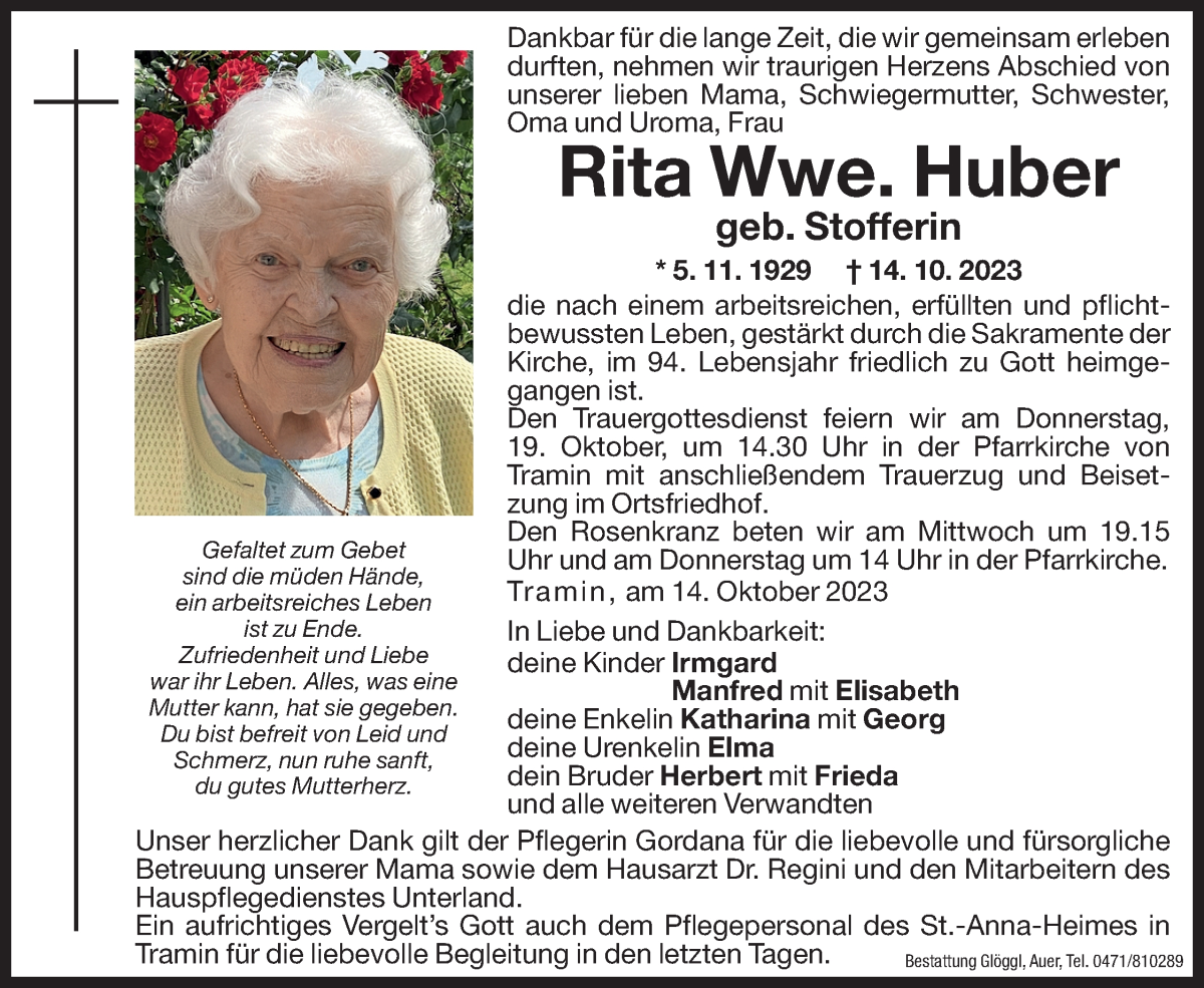 Traueranzeige für Rita Huber vom 17.10.2023 aus Dolomiten