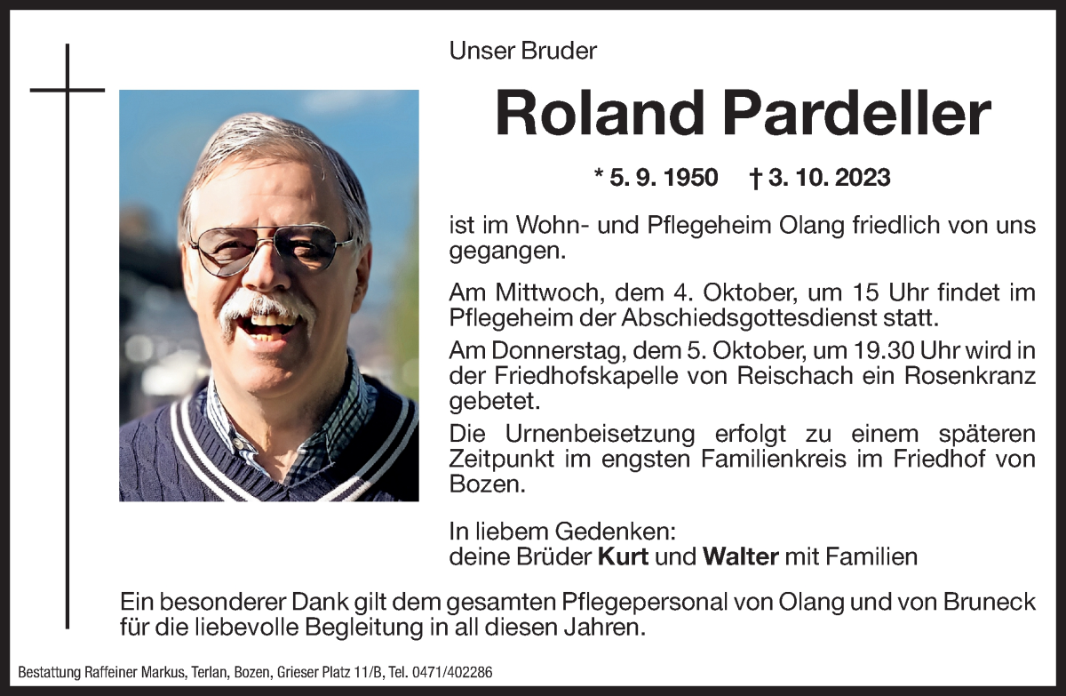  Traueranzeige für Roland Pardeller vom 04.10.2023 aus Dolomiten