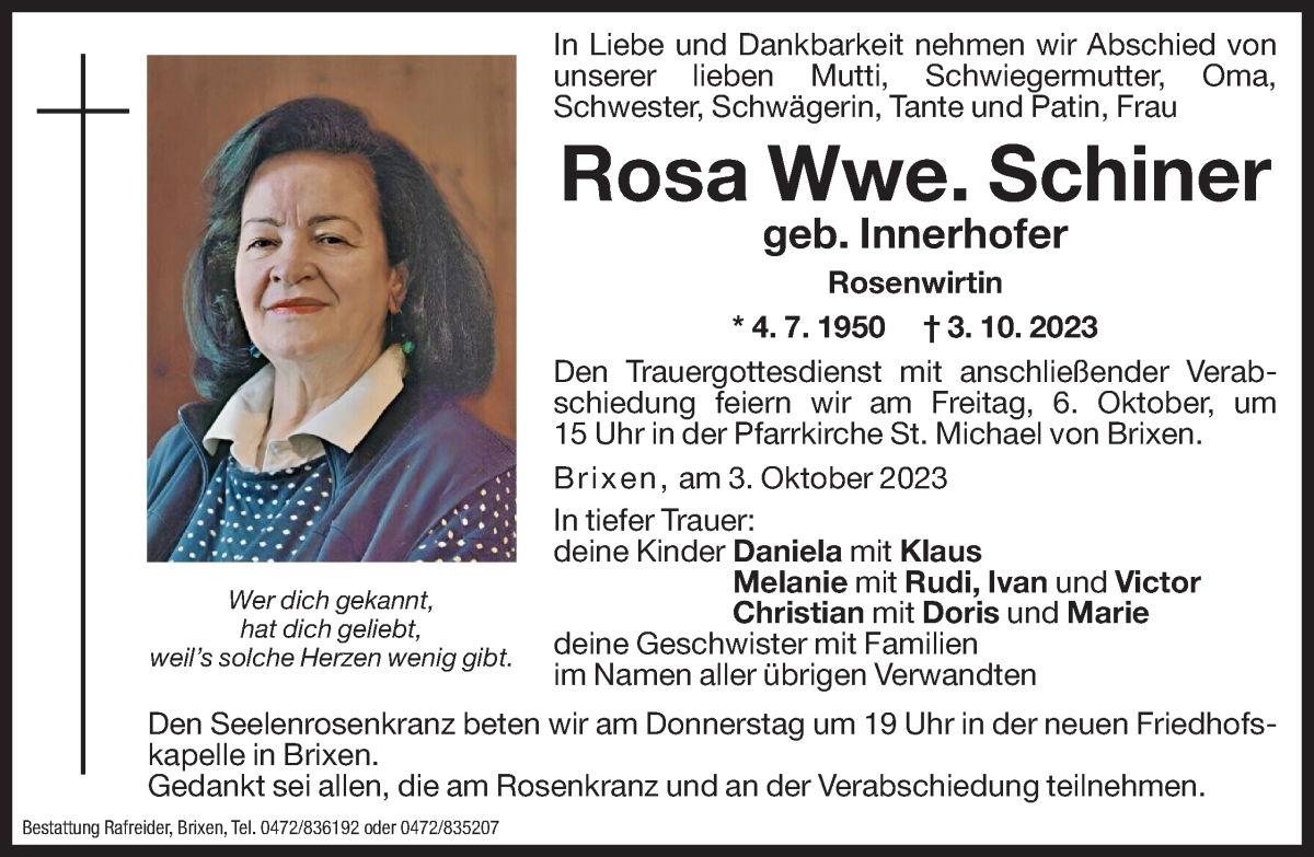  Traueranzeige für Rosa Schiner vom 04.10.2023 aus Dolomiten